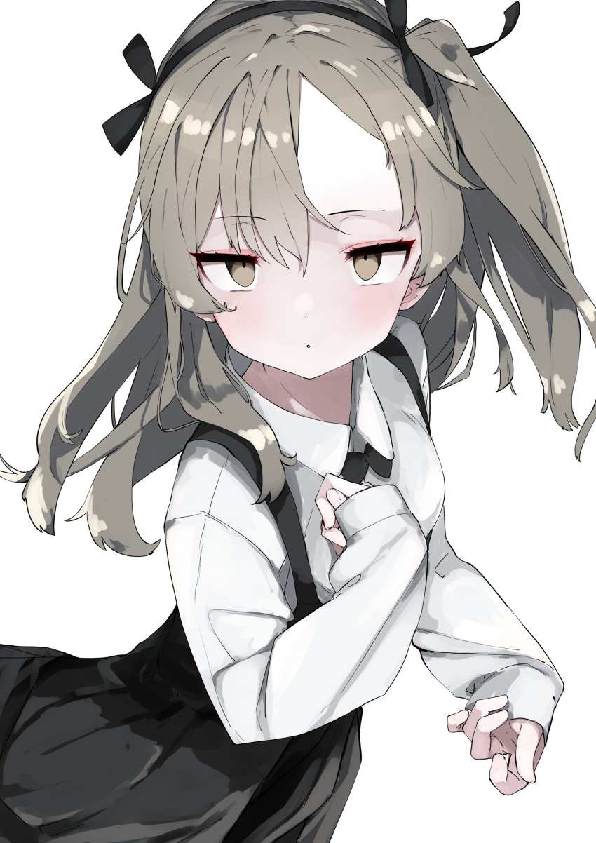 1girl :o absurdres bangs black_bow black_bowtie black_skirt blush bow bowtie brown_eyes casual collared_shirt constricted_pupils eyebrows_visible_through_hair eyeshadow gingerbullet girls_und_panzer hair_ribbon hand_on_own_chest high-waist_skirt highres light_brown_hair long_hair long_sleeves looking_at_viewer makeup one_side_up ribbon shimada_arisu shirt skirt solo suspender_skirt suspenders white_shirt