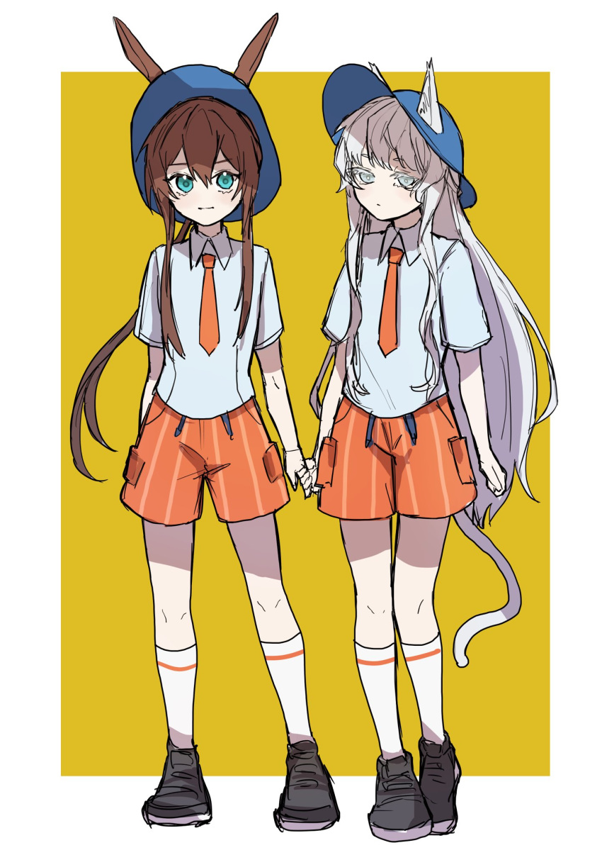 1101simotuki 2girls amiya_(arknights) animal_ears arknights bangs blue_eyes brown_hair cat_ears cat_girl cat_tail closed_mouth ears_through_headwear female_protagonist_(pokemon_sv) grey_eyes hat highres holding_hands long_hair multiple_girls necktie parody pokemon pokemon_(game) pokemon_sv rabbit_ears rabbit_girl rosmontis_(arknights) shirt shorts silver_hair socks tail very_long_hair white_shirt