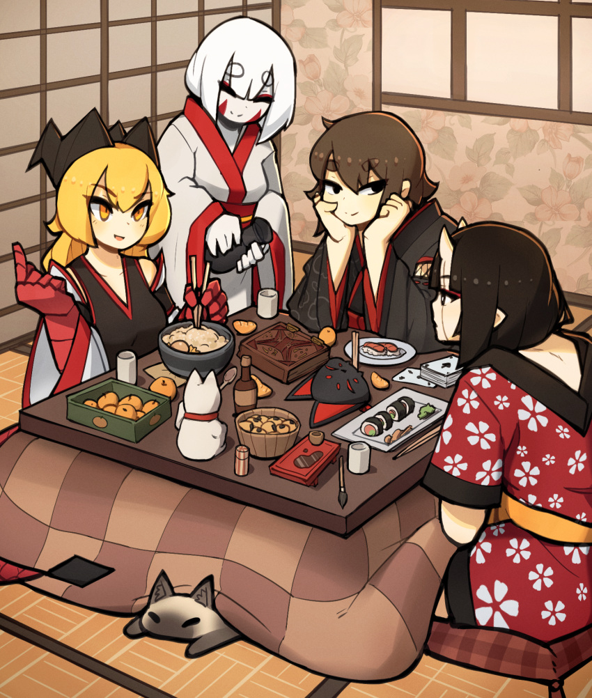 4girls black_eyes blonde_hair blush breasts bright_pupils brown_eyes brown_hair chopsticks closed_eyes closed_mouth colored_skin d-floe eyebrows_visible_through_hair eyeshadow facial_mark highres holding holding_chopsticks horns japanese_clothes kimono kotatsu large_breasts long_sleeves looking_at_another makeup multiple_girls original parted_lips pointy_ears red_eyeshadow short_hair short_sleeves smile table thick_eyebrows white_hair white_kimono white_pupils white_skin