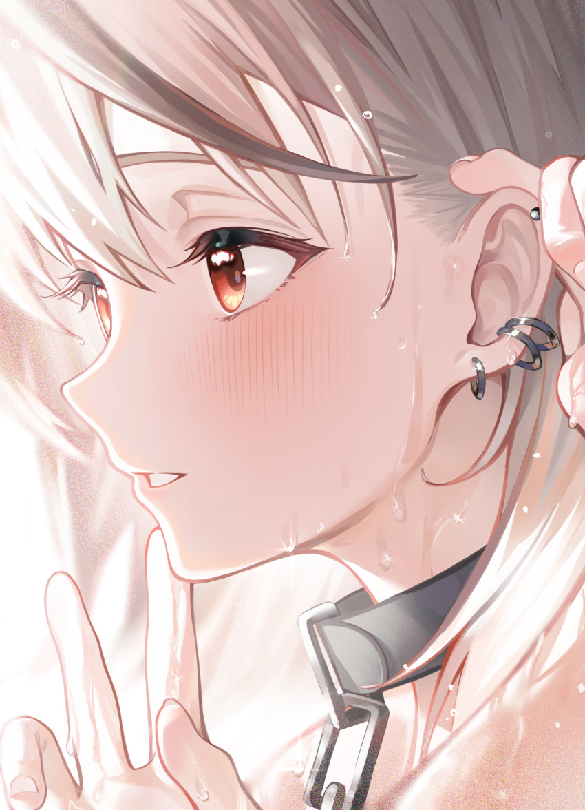1girl bangs black_collar blush chain close-up collar commentary_request cute_mdr ear_piercing face from_side hair_behind_ear hands_up highres hololive looking_away parted_lips piercing portrait red_eyes sakamata_chloe silver_hair solo virtual_youtuber wet