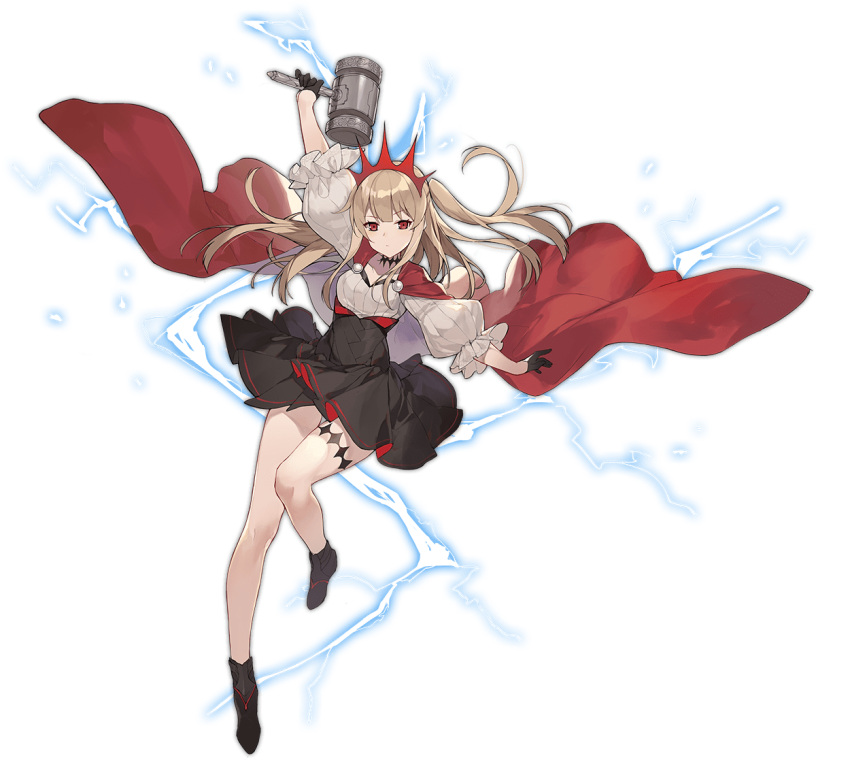 1girl ark_order black_footwear black_gloves black_skirt blonde_hair boots cape crown electricity full_body gloves half_gloves hammer holding holding_hammer long_sleeves mjolnir_(mythology) official_art pantyhose puffy_long_sleeves puffy_sleeves red_cape red_eyes ribbon shi-chen skirt solo tachi-e thighband_pantyhose thor_(ark_order) transparent_background two_side_up white_skirt