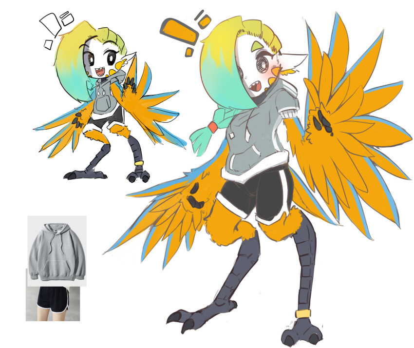 1girl absurdres animal_ears anklet bird_ears bird_legs black_eyes blonde_hair blue_feathers blush braid dolphin_shorts facial_mark full_body green_hair grey_hoodie hair_over_one_eye harpy highres hood hoodie jewelry long_hair mako_(eogks) monster_girl multicolored_hair nn_(eogks) open_mouth orange_feathers original pointy_ears reference_inset sharp_teeth shorts solo teeth two-tone_hair two-tone_wings white_background winged_arms
