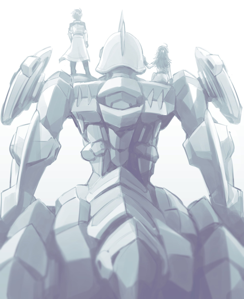 1boy 1girl absurdres adeltrud_walter archid_walter brother_and_sister centauroid from_behind greyscale highres ishiyumi jacket knight's_&amp;_magic long_hair mecha monochrome on_mecha on_shoulder siblings standing taur twins tzendolg white_background