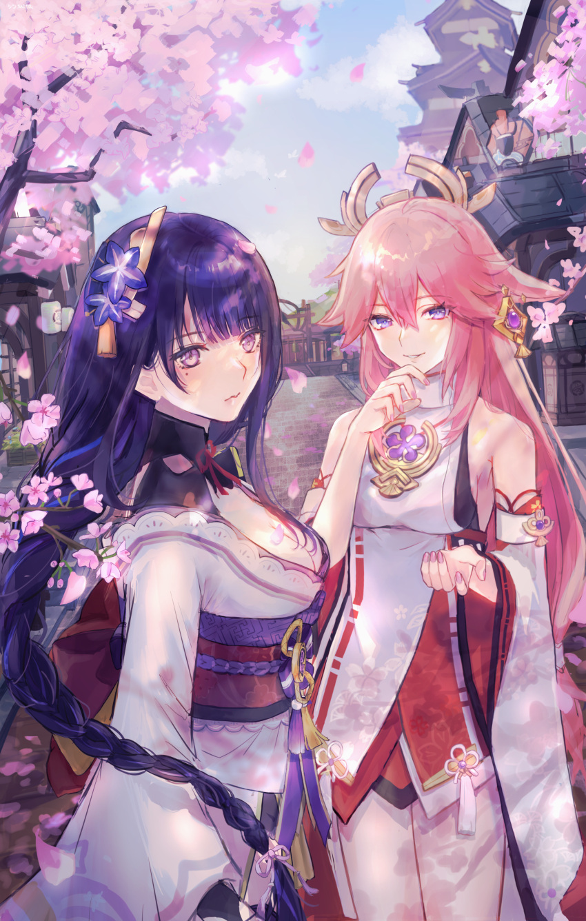2girls absurdres architecture bangs braid braided_ponytail breasts bridal_gauntlets cherry_blossoms cherry_tree closed_mouth detached_sleeves east_asian_architecture eyebrows_visible_through_hair falling_petals genshin_impact hair_between_eyes hair_ornament hand_to_own_mouth hand_up highres japanese_clothes kimono large_breasts long_hair long_sleeves looking_at_viewer miko mole mole_under_eye multiple_girls obijime outdoors parted_lips petals pink_hair purple_hair purple_kimono raiden_shogun sash shirt shitsusan sky sleeveless sleeveless_shirt smile violet_eyes white_shirt wide_sleeves yae_miko
