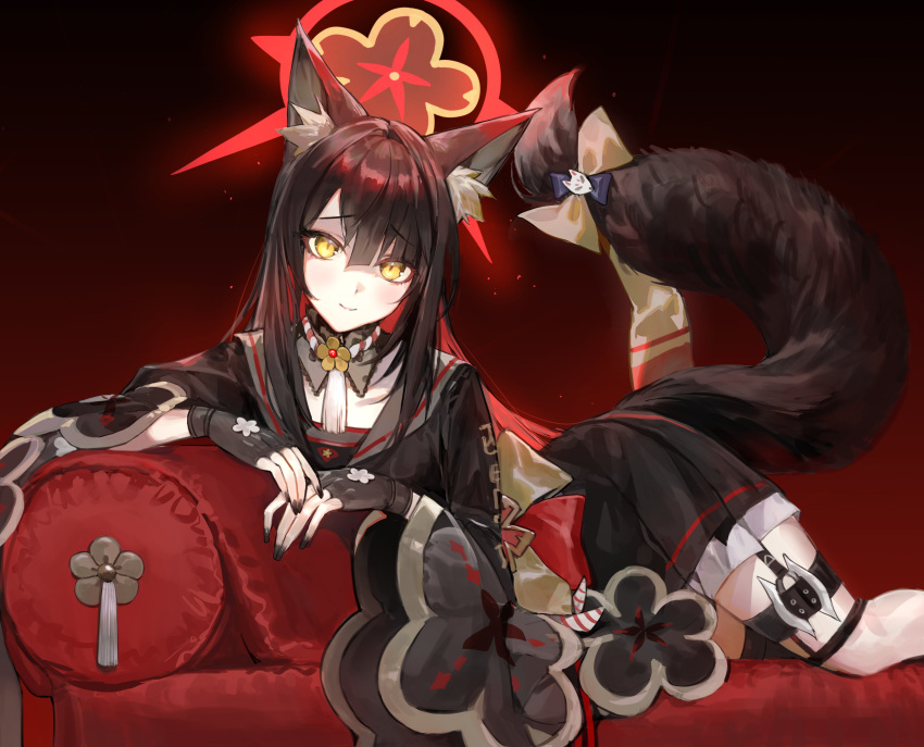 1girl absurdres animal_ear_fluff animal_ears asymmetrical_bangs bangs black_gloves black_kimono black_nails blue_archive blush bow brown_hair colored_inner_hair couch eyebrows_visible_through_hair feet_out_of_frame fingerless_gloves floral_print fox_ears fox_girl fox_tail garter_straps gloves glowing grey_sailor_collar halo highres japanese_clothes kimono kneehighs light_blush light_particles long_hair long_sleeves looking_at_viewer lying moko_(moko/moko) multicolored_hair on_stomach print_kimono redhead sailor_collar simple_background smile solo tail tail_bow tail_ornament tassel thigh_strap two-tone_hair wakamo_(blue_archive) white_legwear wide_sleeves yellow_eyes