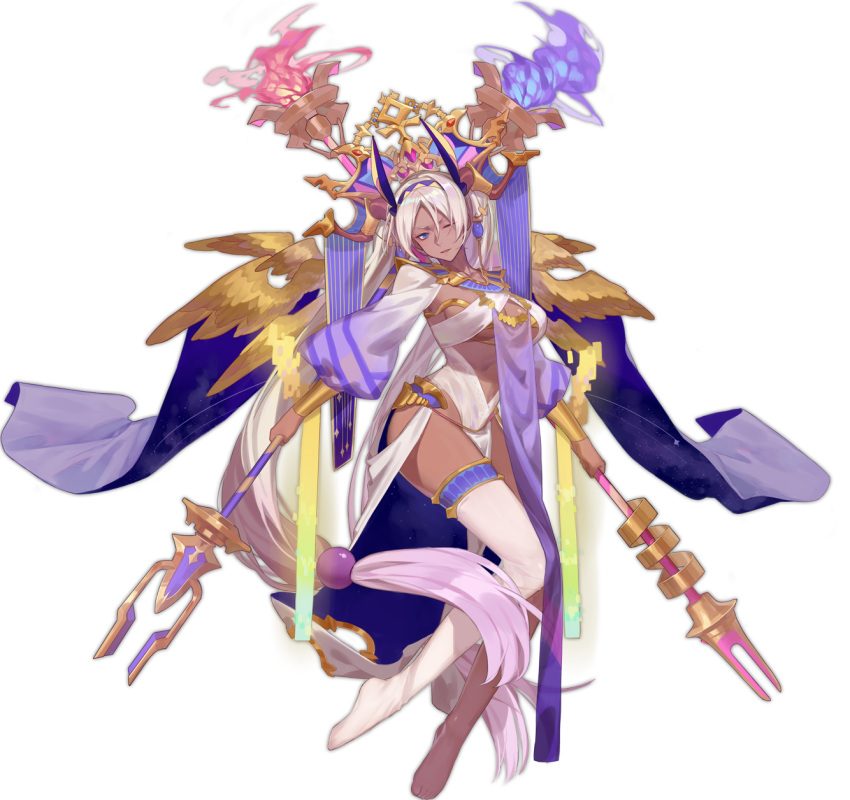 1girl animal_ears ark_order bangs beads blue_eyes blue_fire bracelet breasts dark_skin detached_sleeves dual_wielding egyptian fire gold gold_trim hair_beads hair_ornament hairband headpiece highres holding horns jewelry leotard long_hair long_sleeves looking_at_viewer low-tied_long_hair multiple_wings necklace no_shoes nut_(ark_order) official_art one_eye_closed polearm puffy_long_sleeves puffy_sleeves red_cucumber single_bare_leg single_thighhigh solo spear tachi-e thigh-highs transparent_background twintails very_long_hair weapon white_hair white_legwear white_leotard wings yellow_wings