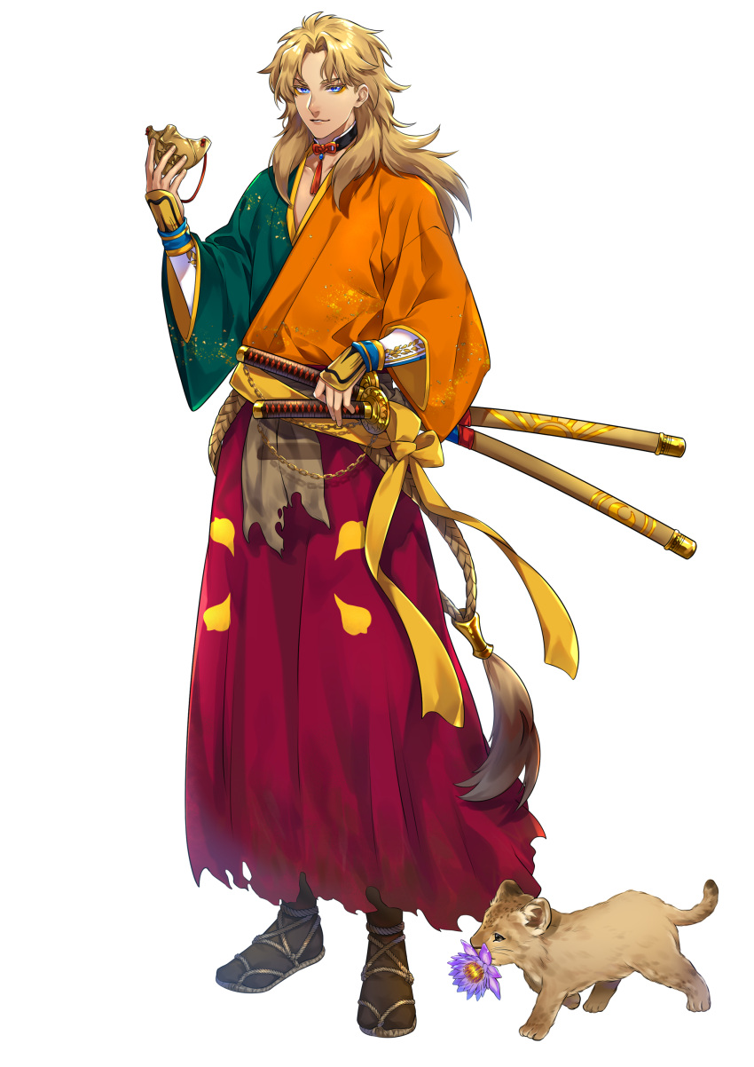1boy absurdres artist_request blonde_hair blue_eyes check_commentary commentary_request flower highres holding holding_mask japanese_clothes jewelry lion lion_cub long_hair male_focus mask necklace personification samurai scabbard sheath sheathed sword tagme transparent_background weapon world_flags