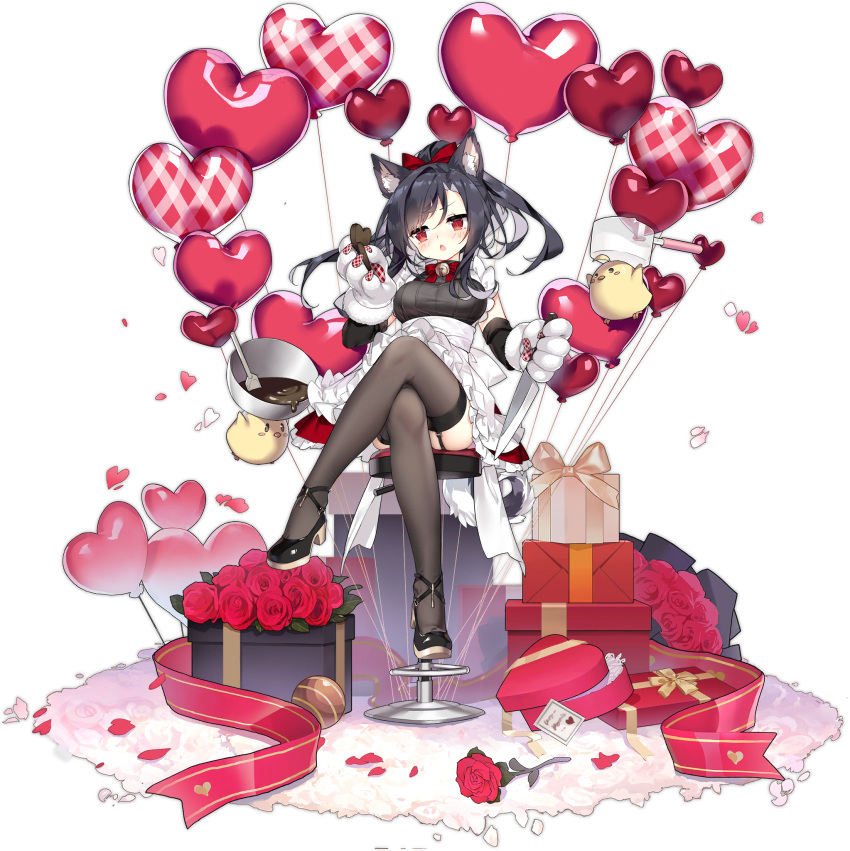 1girl animal_ears animal_hands azur_lane balloon black_footwear black_garter_straps black_hair box breasts brown_legwear chocolate_making crossed_legs dress gift gift_box heart_balloon high_heels highres lace-trimmed_legwear lace_trim long_hair looking_at_viewer manjuu_(azur_lane) official_alternate_costume official_art red_eyes saru shigure_(azur_lane) shigure_(lucky_chocolate)_(azur_lane) shoes sitting small_breasts solo thigh-highs transparent_background white_dress