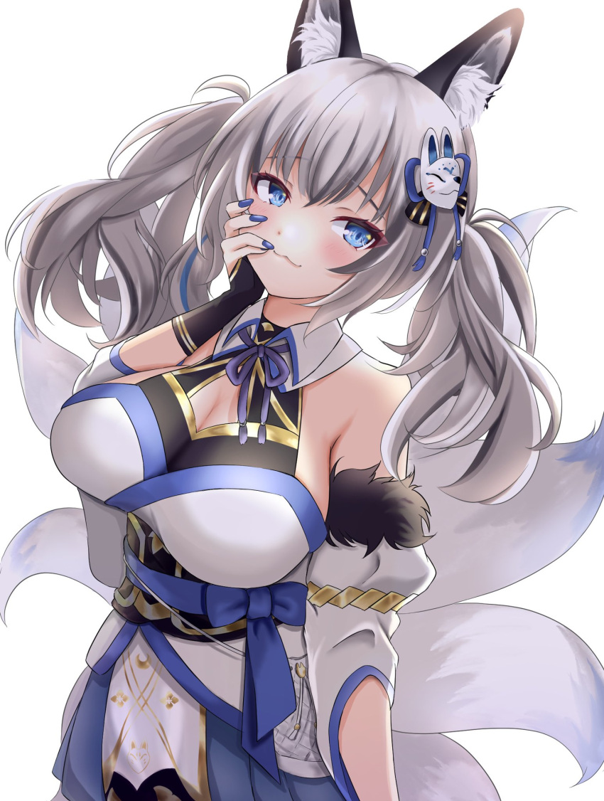 1girl :3 animal_ear_fluff animal_ears bag bangs bare_shoulders blue_eyes blue_nails blush breasts cleavage_cutout clothing_cutout commentary_request cowboy_shot detached_sleeves drawstring drawstring_bag eyeliner fox_ears fox_girl fox_mask fox_tail fur_trim grey_hair hair_ornament hakama hakama_short_skirt hakama_skirt hand_on_own_cheek hand_on_own_face handbag highres inari_iroha japanese_clothes large_breasts long_hair makeup mask multiple_tails nikai nontraditional_miko noripro obi pelvic_curtain sash simple_background skirt solo tail twintails virtual_youtuber white_background wide_sleeves