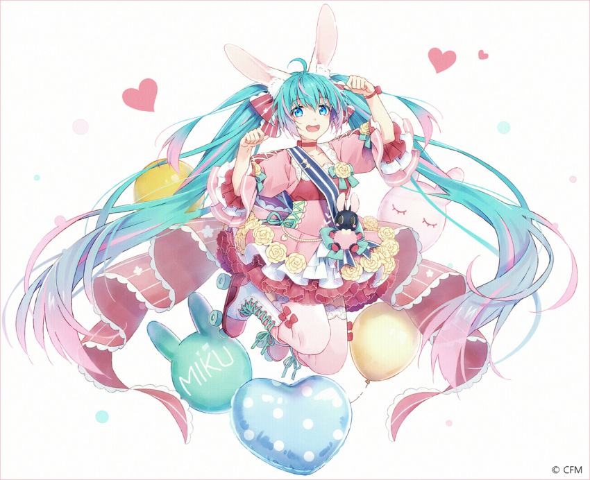 1girl :d ahoge animal_ear_fluff animal_ears aqua_hair arm_up balloon blue_eyes boots bow character_name commentary cross-laced_footwear dress flower gradient_hair hair_bow hakusai_(tiahszld) hand_up hatsune_miku heart heart_balloon lace-up_boots long_hair looking_at_viewer midair multicolored_hair open_mouth pink_dress pink_hair puffy_short_sleeves puffy_sleeves rabbit_ears red_bow revision roller_skates rose short_sleeves skates smile solo striped striped_bow teeth thigh-highs thighhighs_under_boots twintails upper_teeth very_long_hair vocaloid white_background white_footwear white_legwear yellow_flower yellow_rose
