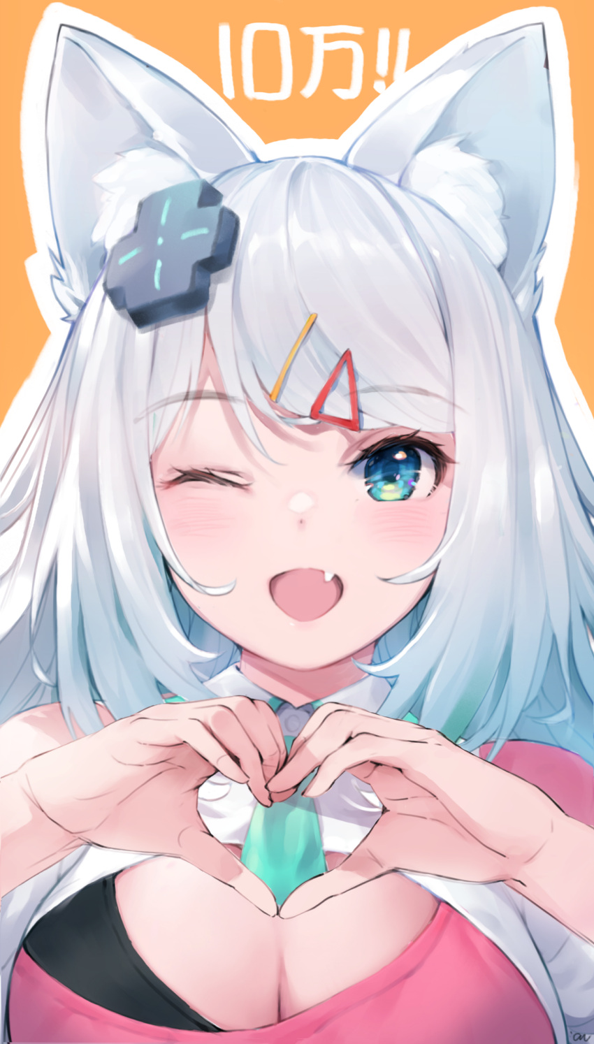 1girl ;d andychen animal_ear_fluff animal_ears bangs blue_eyes blue_necktie blush breasts cleavage_cutout clothing_cutout collared_shirt d-pad d-pad_hair_ornament eyebrows_visible_through_hair fang hair_ornament hairclip highres indie_virtual_youtuber large_breasts long_hair looking_at_viewer mizuki_(vtuber) necktie one_eye_closed revision shirt short_necktie silver_hair simple_background smile solo upper_body virtual_youtuber