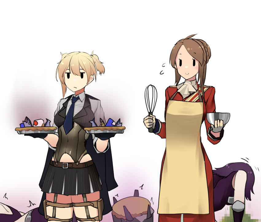 1other 4girls absurdres apron ascot bad_food blonde_hair bowl brown_hair censored commentary_request dinergate_(girls'_frontline) fish_head food girls_frontline gloves highres holding holding_food lee-enfield_(girls'_frontline) multiple_girls necktie pie ripper_(girls'_frontline) stargazy_pie vespid_(girls'_frontline) vomit vomiting welrod_mkii_(girls'_frontline) whisk white_background yanagui