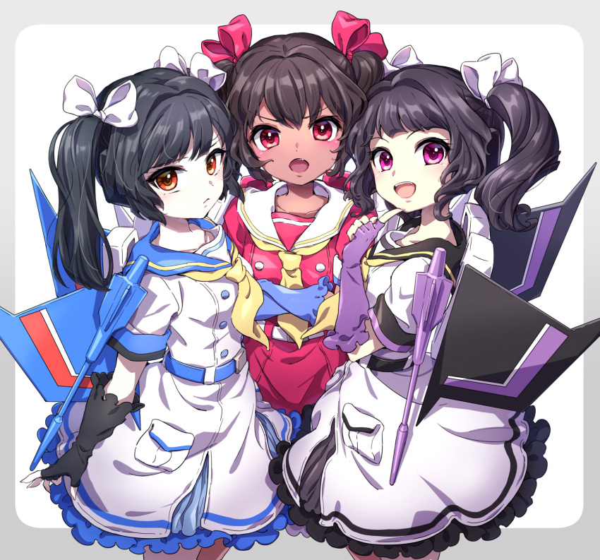 3girls :o aoi_rena arm_cannon black_gloves black_hair bow brown_eyes dark-skinned_female dark_skin dress fang fingerless_gloves genderswap genderswap_(mtf) gloves hair_bow highres looking_at_viewer mecha_musume multiple_girls open_mouth personification red_bow red_dress red_eyes sailor_collar skywarp smile starscream thundercracker transformers twintails violet_eyes weapon white_bow white_dress wings