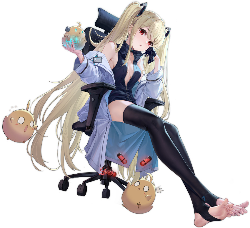 1girl artist_request azur_lane bare_shoulders black_gloves black_legwear blonde_hair breasts feet gloves highres labcoat long_hair looking_at_viewer manjuu_(azur_lane) no_shoes official_alternate_costume official_art red_eyes sitting small_breasts soobrazitelny_(azur_lane) soobrazitelny_(the_machinery_of_life)_(azur_lane) spread_toes stirrup_legwear thigh-highs toeless_legwear toeless_socks toes transparent_background twintails