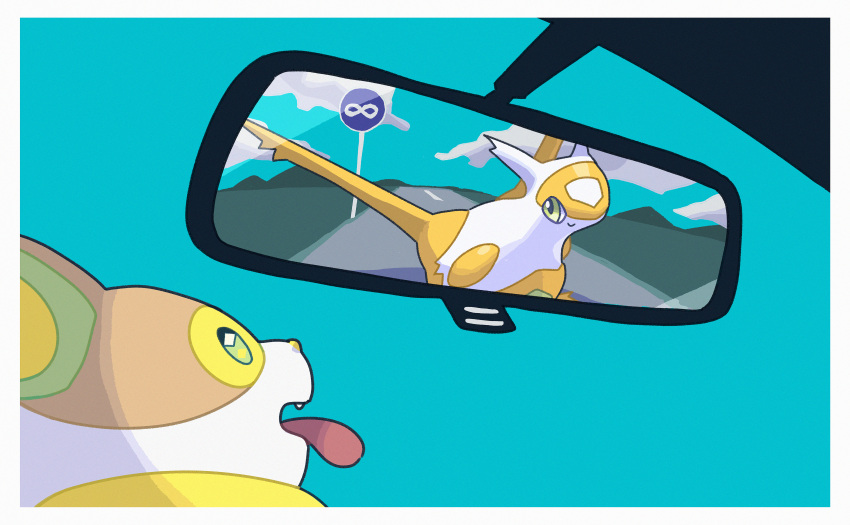 absurdres alternate_color border commentary_request fangs green_background green_eyes highres infinity latias looking_up mirror no_humans pokemon pokemon_(creature) saiku_(zvlku) shiny_pokemon tongue tongue_out white_border yamper