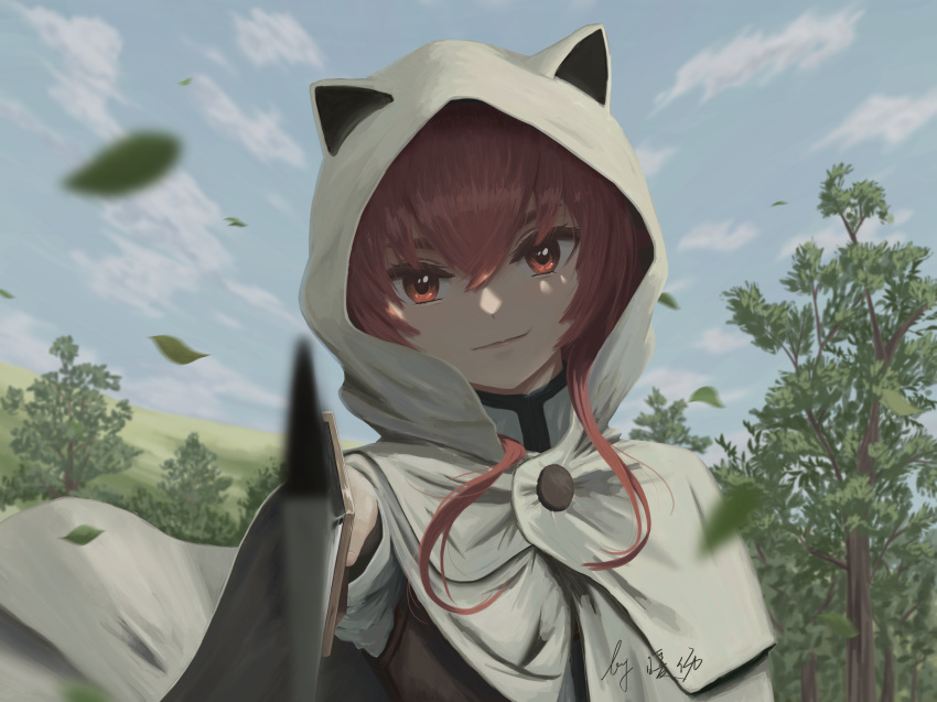 1girl absurdres animal_ears bangs blurry blurry_foreground cape cat_ears closed_mouth clouds day eris_greyrat fake_animal_ears floating_hair grey_cape hair_between_eyes highres holding holding_sword holding_weapon hood hood_up hooded leaf looking_at_viewer motion_blur mushoku_tensei nuan_shang outdoors red_eyes redhead shiny shiny_hair short_hair_with_long_locks sidelocks smile smug solo sword upper_body weapon