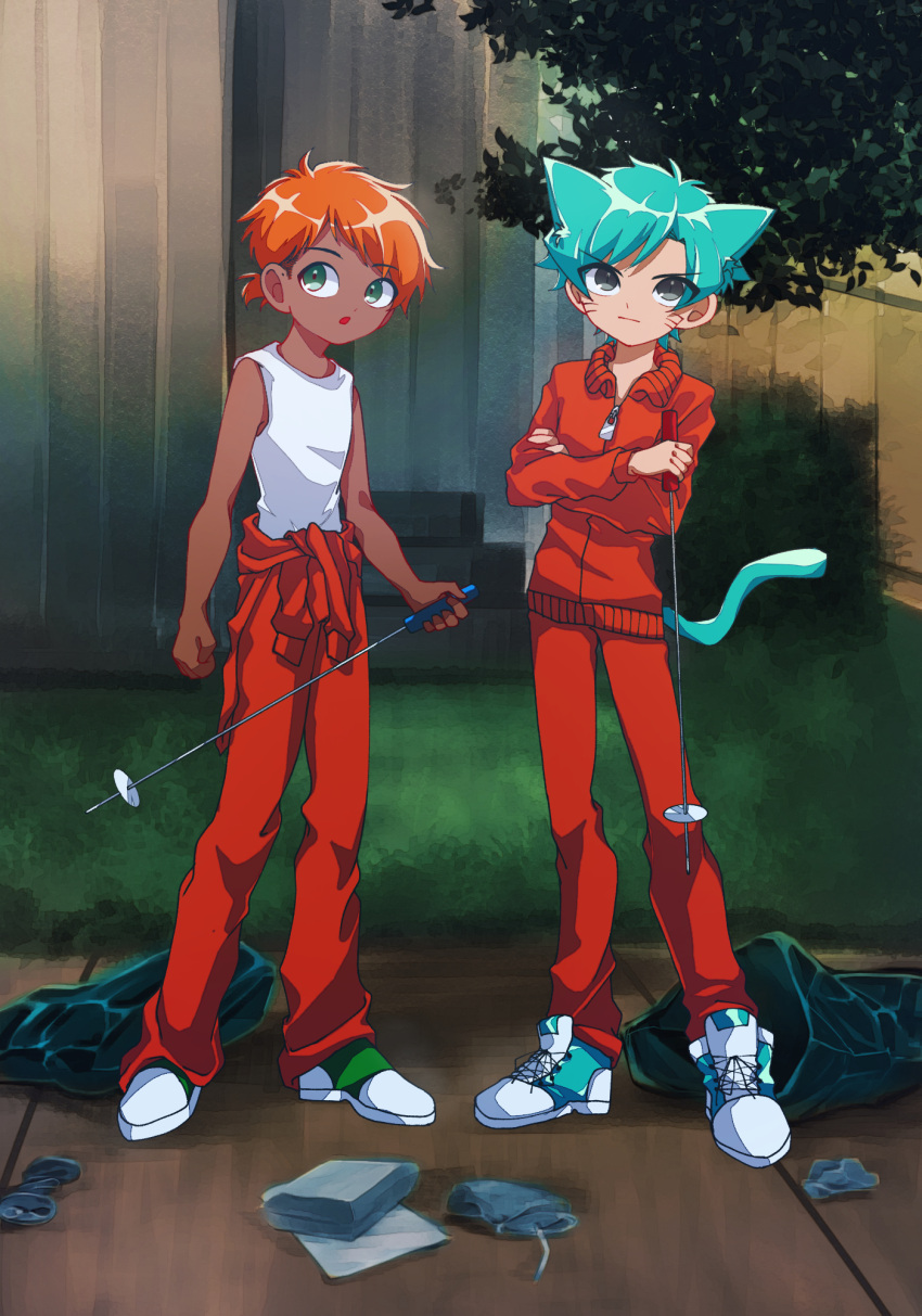 2boys :o animal_ears bangs bare_arms blue_footwear blue_hair cat_boy cat_ears cat_tail clenched_hands clothes_around_waist crossed_arms darwin_watterson day extra_ears fence frown full_body grass green_eyes green_footwear grey_eyes gumball_watterson highres holding humanization itasazameart jacket jacket_around_waist long_sleeves looking_at_viewer male_focus multiple_boys orange_hair outdoors pants pavement ponytail red_bag red_pants shoes short_hair sideways_glance sleeveless sneakers standing tail tank_top the_amazing_world_of_gumball track_jacket track_pants track_suit trash trash_bag whiskers wooden_fence