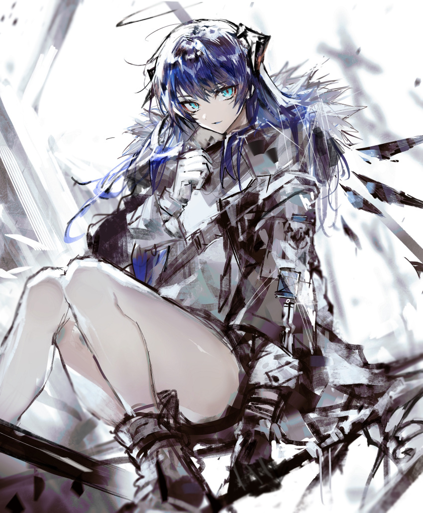 1girl aqua_eyes arknights asymmetrical_gloves black_gloves black_jacket blue_hair blue_tongue blurry boots colored_tongue dark_halo demon_horns detached_wings energy_wings fallen_angel feet_out_of_frame fur-trimmed_hood fur-trimmed_jacket fur_trim gloves hair_between_eyes halo highres hood hooded_jacket horns jacket legs long_hair long_sleeves looking_at_viewer mismatched_gloves mostima_(arknights) parted_lips remsrar sitting solo white_background white_gloves wings