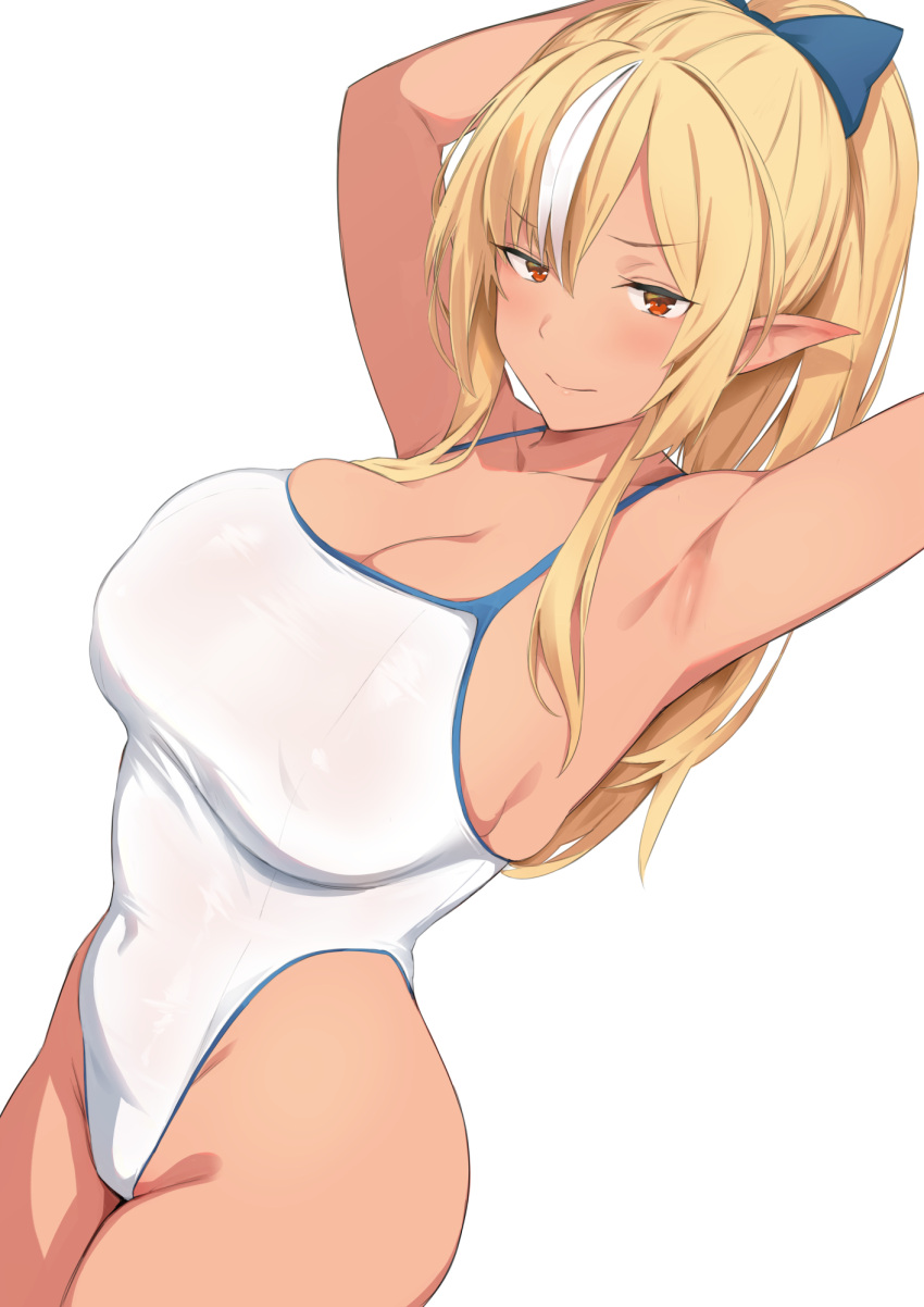 1girl armpits blonde_hair breasts competition_school_swimsuit cowboy_shot dark-skinned_female dark_skin elf gin_mitsu hair_ribbon high_ponytail highleg highleg_swimsuit highres hololive hololive_fantasy large_breasts long_hair looking_at_viewer multicolored_hair pointy_ears presenting_armpit red_eyes ribbon school_swimsuit shiranui_flare simple_background solo streaked_hair swimsuit virtual_youtuber white_background white_hair white_swimsuit