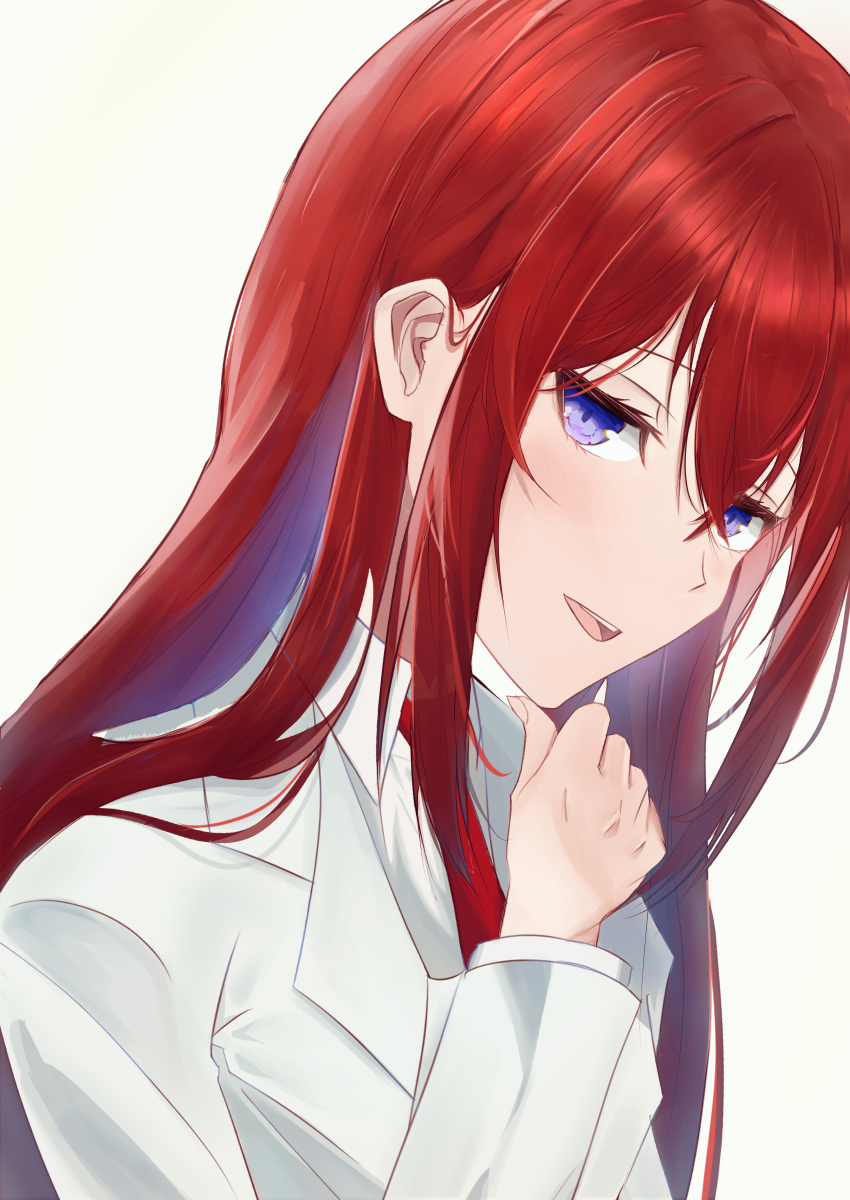 1girl :d absurdres bangs blue_eyes collared_shirt hair_between_eyes highres labcoat long_hair looking_at_viewer makise_kurisu necktie open_mouth red_necktie redhead shiny shiny_hair shirt simple_background smile solo steins;gate straight_hair white_background white_shirt wing_collar xo30d468tvlyo1d