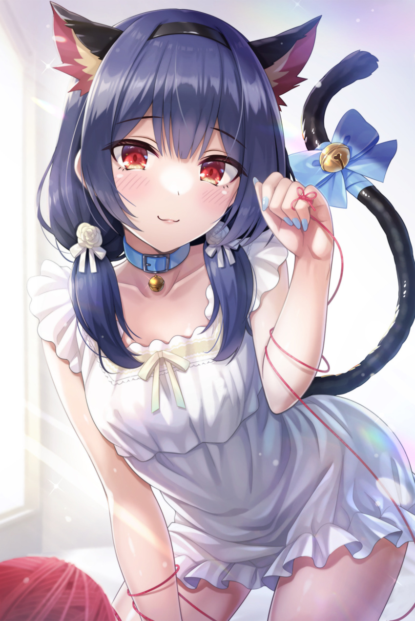 1girl :3 animal_ear_fluff animal_ears bangs bell black_hair black_hairband blue_bow blue_collar blue_nails bow breasts cat_ears cat_tail closed_mouth collar collarbone commentary_request day dress eyebrows_visible_through_hair flower frilled_dress frills hair_bow hair_flower hair_ornament hair_over_shoulder hairband hand_up highres idolmaster idolmaster_shiny_colors jingle_bell long_hair low_twintails morino_rinze nail_polish neck_bell red_eyes rose sleeveless sleeveless_dress small_breasts smile solo string string_around_finger string_of_fate sunlight tail tail_bell tail_bow tail_ornament twintails urabi_(tomatohouse) white_bow white_dress white_flower white_rose window yarn yarn_ball