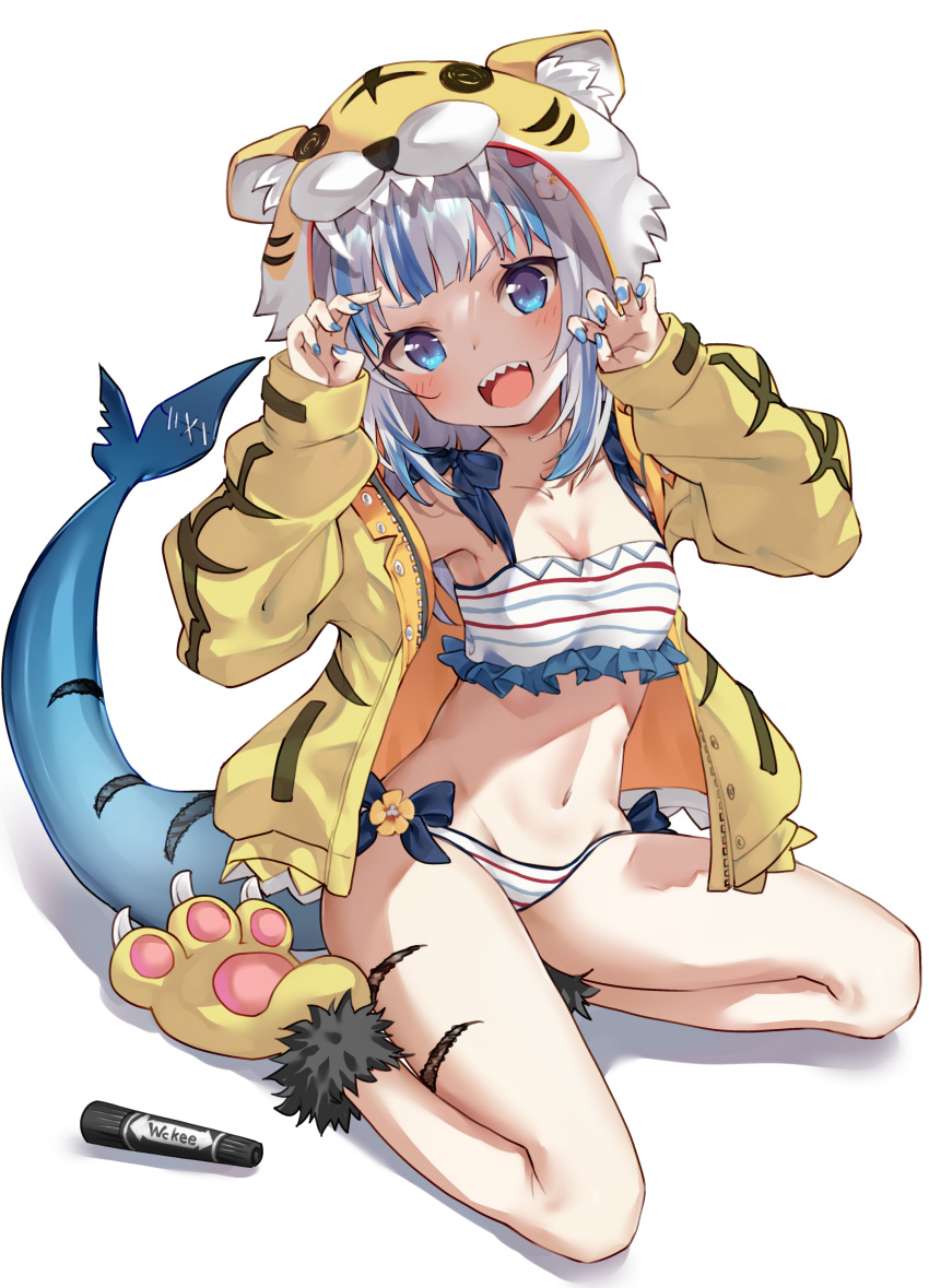 1girl absurdres bangs bikini blue_eyes blue_hair blue_nails blunt_bangs blush body_writing boshi_(a-ieba) breasts commentary_request fish_tail full_body gawr_gura hair_ornament highres hololive hololive_english jacket looking_at_viewer marker medium_hair multicolored_hair nail_polish open_clothes open_jacket open_mouth paw_shoes shark_girl shark_hair_ornament shark_tail sharp_teeth silver_hair sitting small_breasts smile solo streaked_hair striped striped_bikini swimsuit tail teeth two_side_up virtual_youtuber wariza white_background white_bikini yellow_jacket