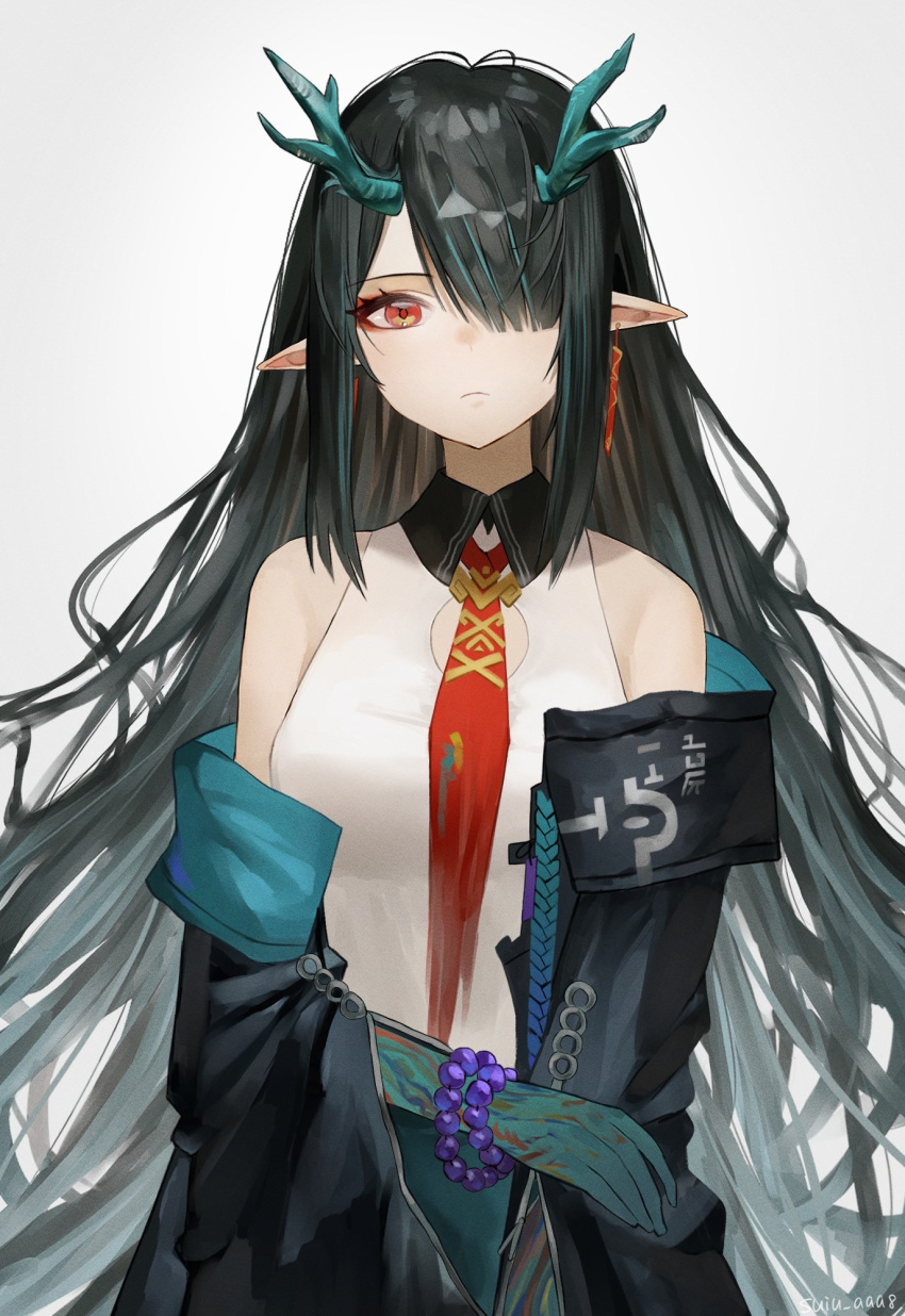 1girl arknights arm_tattoo bead_bracelet beads black_collar black_hair black_jacket bracelet breasts china_dress chinese_clothes cleavage_cutout clothing_cutout collar colored_skin dragon_girl dragon_horns dress dusk_(arknights) ear_piercing green_hair green_skin grey_background hair_over_one_eye hand_up highres horns jacket jewelry long_hair necktie off_shoulder open_clothes open_jacket piercing pointy_ears red_eyes red_necktie simple_background sleeveless sleeveless_dress small_breasts solo straight-on suiu_aaa8 tattoo upper_body very_long_hair