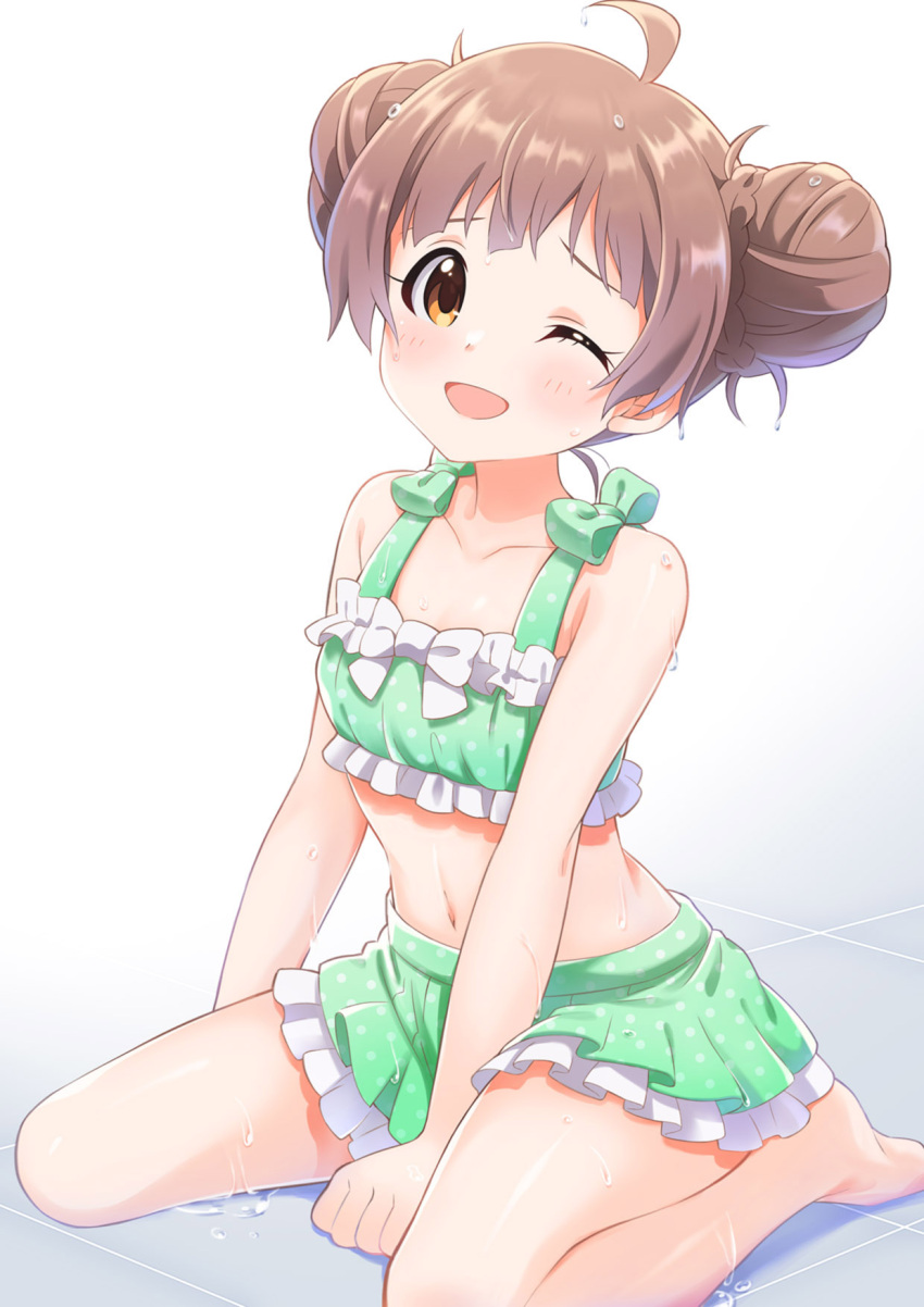 ahoge alternate_hairstyle bangs bare_shoulders barefoot between_legs blush bow breasts brown_eyes brown_hair collarbone commentary_request double_bun frilled_swimsuit frills goma_konbu gradient gradient_background green_swimsuit hakozaki_serika hand_between_legs highres idolmaster idolmaster_million_live! looking_at_viewer navel on_floor one_eye_closed sitting small_breasts smile solo swimsuit wariza wet wet_hair