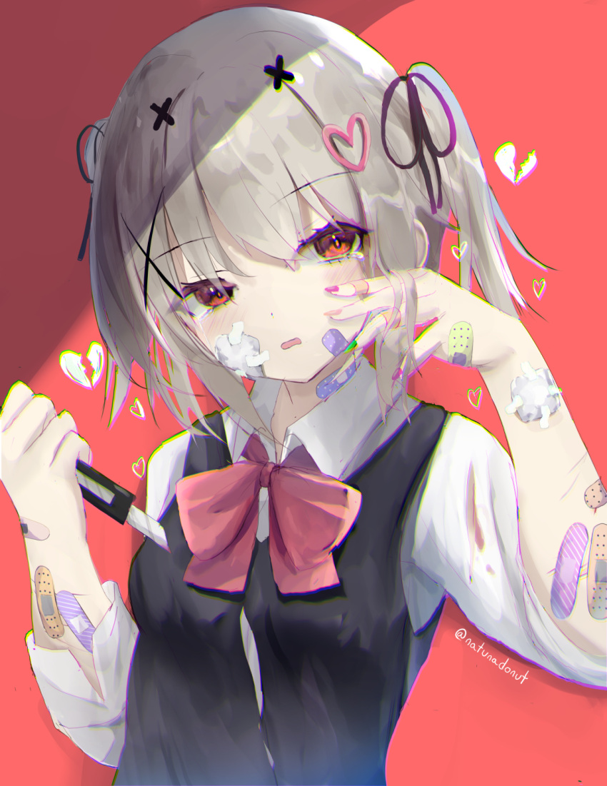 1girl bandaid bandaid_on_arm bangs black_ribbon black_vest blood blood_on_clothes boxcutter broken_heart collared_shirt commentary_request cuts eyebrows_visible_through_hair grey_hair hair_between_eyes hair_ornament hair_ribbon hands_up head_tilt heart heart_hair_ornament highres holding injury natuna_natu original parted_lips partial_commentary red_background red_eyes revision ribbon school_uniform shirt short_sleeves solo twintails twitter_username upper_body vest wavy_mouth white_shirt x_hair_ornament
