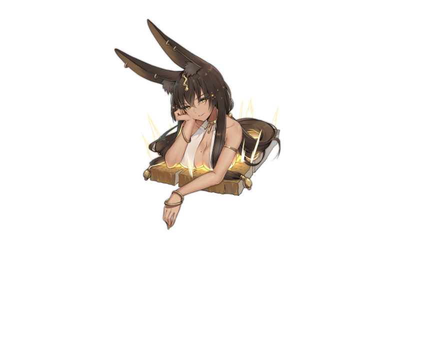 1girl animal_ear_fluff animal_ears ark_order bangs bare_shoulders bracelet breasts brown_hair dark_skin elbow_rest fox_ears hair_ornament head_rest hieroglyphics jewelry large_breasts light_smile long_hair looking_at_viewer maya_g mole mole_on_breast necklace no_humans official_art set_(ark_order) sidelocks snake_hair_ornament solo stone_tablet transparent_background very_long_hair yellow_eyes
