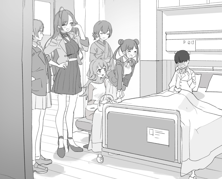 1boy 5girls ;d ^_^ ^o^ arisugawa_natsuha bed blush closed_eyes dorontabi extra faceless faceless_male full-face_blush greyscale highres hospital hospital_bed hospital_gown houkago_climax_girls_(idolmaster) idolmaster idolmaster_shiny_colors komiya_kaho looking_at_another monochrome morino_rinze multiple_girls one_eye_closed saijou_juri sitting smile sonoda_chiyoko