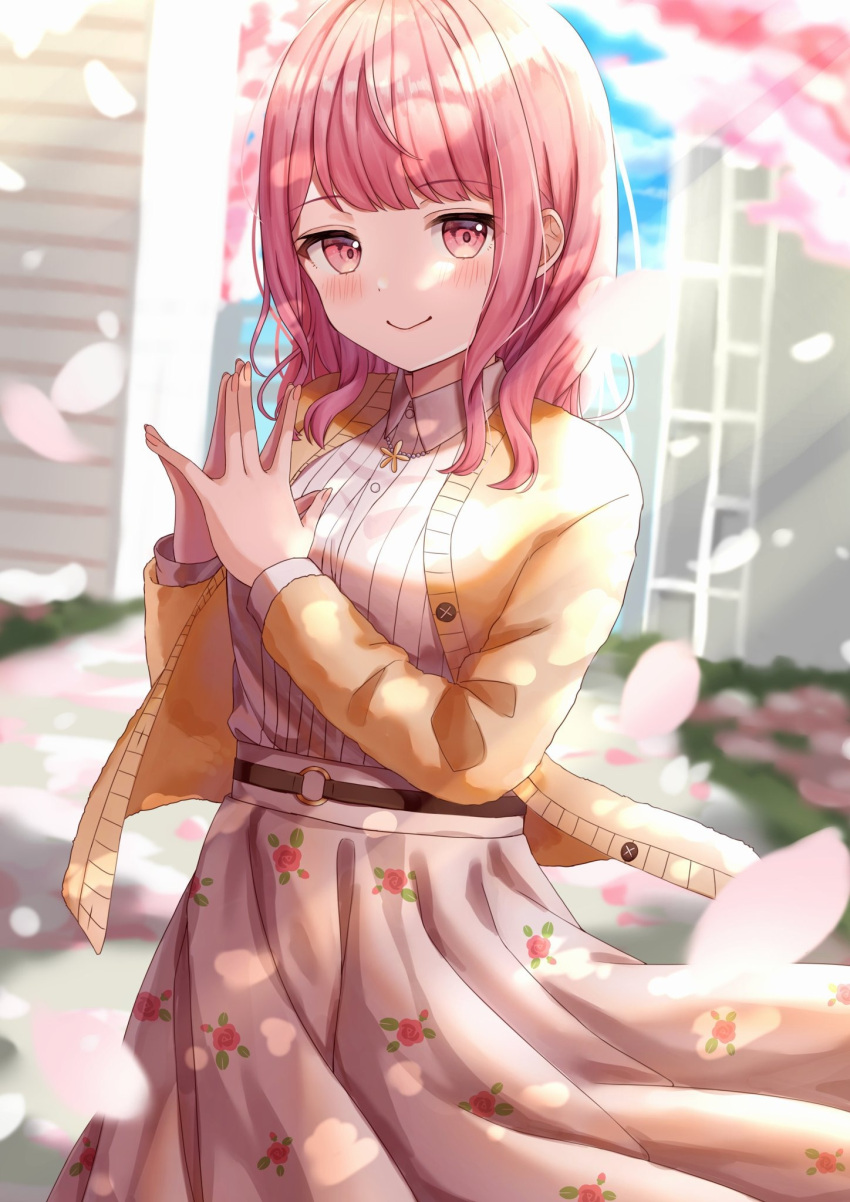 1girl amai_melo bang_dream! bangs belt blush cherry_blossoms closed_mouth collared_shirt day dutch_angle eyebrows_visible_through_hair floral_print flower highres jacket jewelry long_hair long_skirt long_sleeves looking_at_viewer maruyama_aya necklace o-ring_belt outdoors pink_eyes pink_hair print_skirt shirt skirt smile solo steepled_fingers white_shirt white_skirt