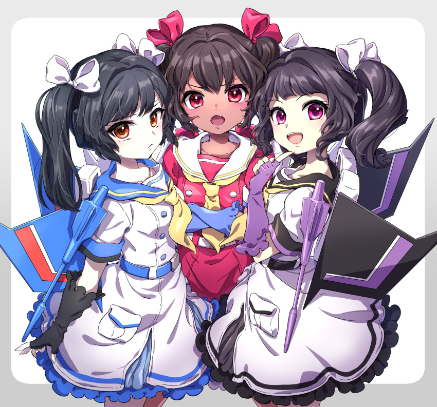 3girls :o absurdres aoi_rena arm_cannon black_gloves black_hair bow brown_eyes dark-skinned_female dark_skin dress fang fingerless_gloves genderswap genderswap_(mtf) gloves hair_bow highres looking_at_viewer mecha_musume multiple_girls open_mouth personification red_bow red_dress red_eyes sailor_collar skywarp smile starscream symbol-only_commentary thundercracker transformers twintails violet_eyes weapon white_bow white_dress wings