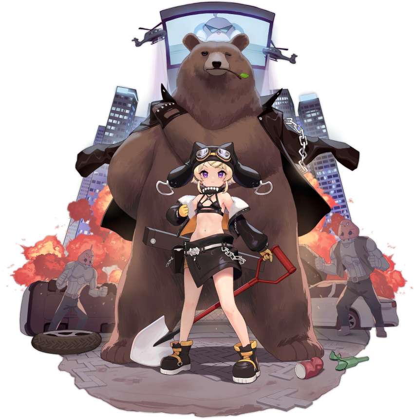 1girl aircraft animal azur_lane bear black_footwear black_headwear black_jacket blonde_hair breasts chain explosion gloves grozny_(azur_lane) hat helicopter highres holding holding_shovel jacket kinjo_kuromomo looking_at_viewer midriff navel off_shoulder official_alternate_costume official_art open_clothes open_jacket short_hair shovel small_breasts transparent_background violet_eyes yellow_gloves