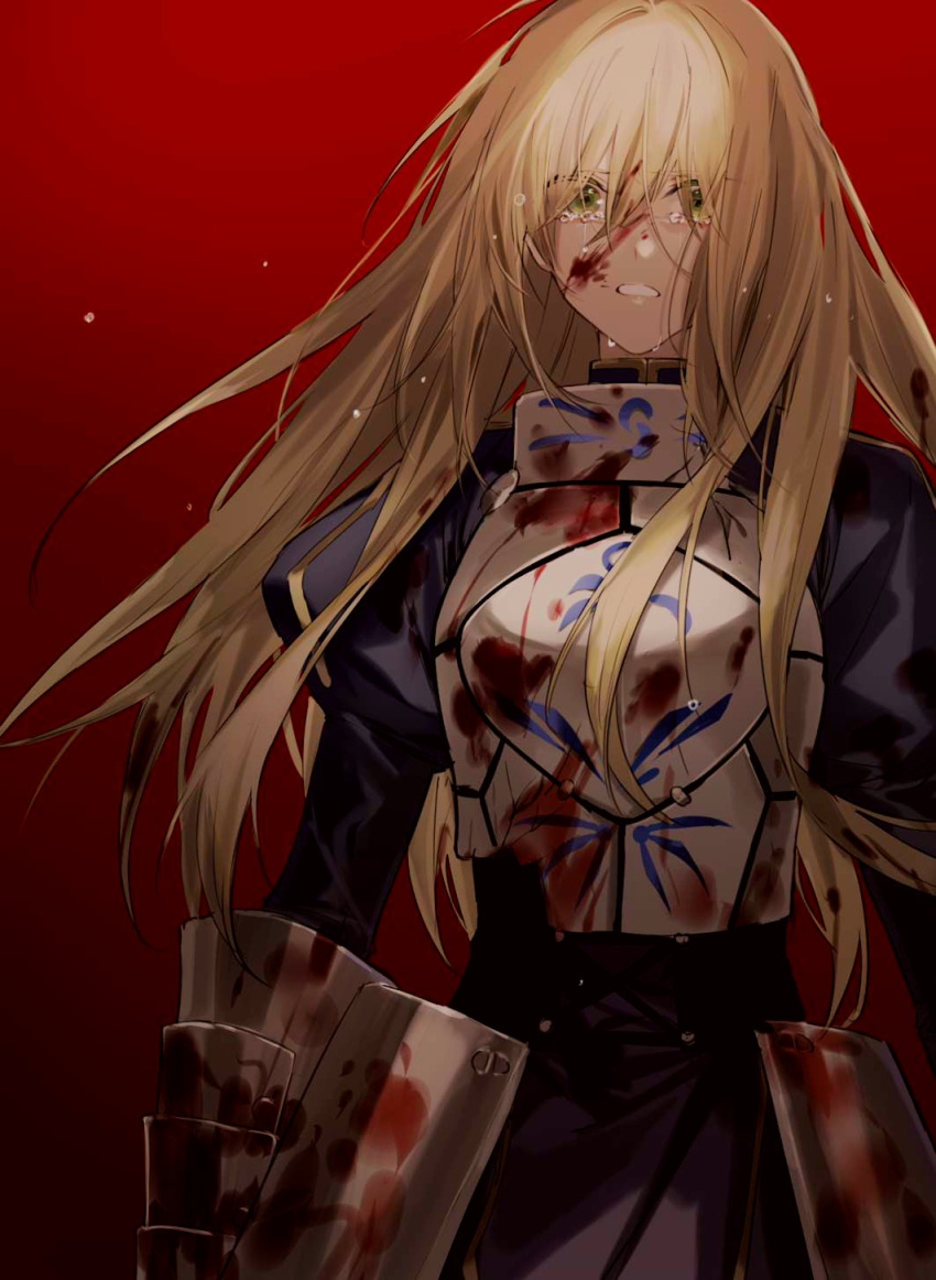 1girl armor artoria_pendragon_(fate) bangs blonde_hair blood blood_on_face breastplate broken_armor bsq cowboy_shot crying crying_with_eyes_open fate/grand_order fate/zero fate_(series) green_eyes highres long_hair looking_at_viewer messy_hair red_background saber sad scene_reference solo tears