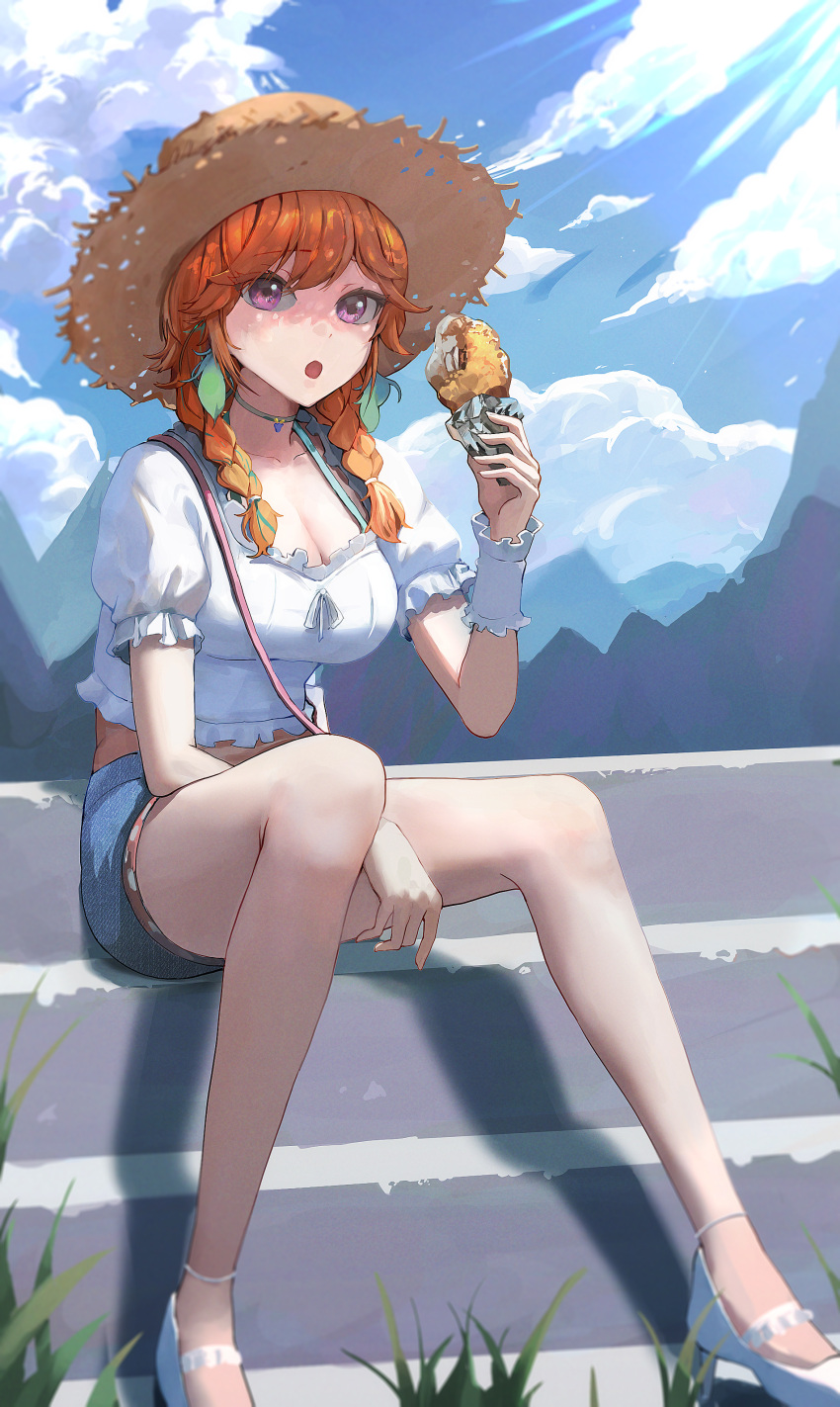 1girl :o absurdres arm_between_breasts between_breasts blue_sky blush braid breasts choker clouds food_request green_hair hat high_heels highres hololive hololive_english looking_at_viewer medium_breasts mountainous_horizon multicolored_hair orange_hair shirt sitting sitting_on_stairs sky solo stairs straw_hat takanashi_kiara twin_braids violet_eyes wei_hua_(vlad_3) white_shirt wristband