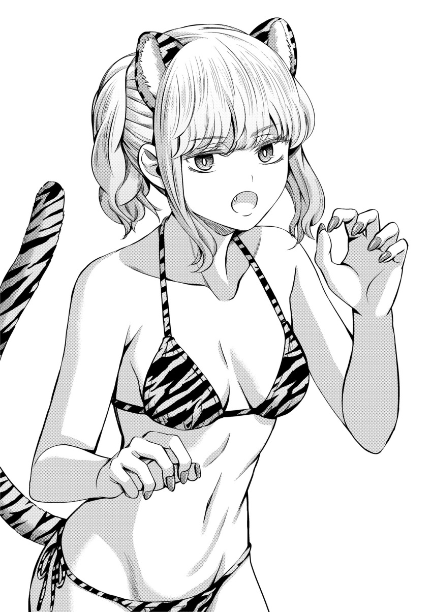 1girl animal_ears animal_print bangs bare_arms bare_legs bare_shoulders bikini breasts eyebrows_behind_hair eyebrows_visible_through_hair fake_animal_ears fake_tail greyscale highres looking_at_viewer monochrome nail_polish open_mouth original short_hair simple_background solo stomach swimsuit tail tiger_ears tiger_print tiger_tail white_background yamakeitokokoro