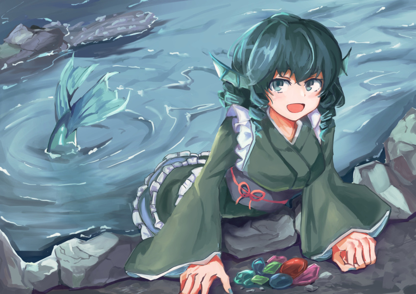1girl :d blue_eyes blue_hair blue_nails blush commentary drill_hair eyebrows_visible_through_hair fingerless_gloves fish_tail frilled_kimono frills gloves green_kimono head_fins highres japanese_clothes kimono long_sleeves looking_at_viewer medium_hair mermaid monster_girl nail_polish obi open_mouth partially_submerged red_ribbon ribbon ripples rock sash smile taguno tail touhou wakasagihime water wide_sleeves