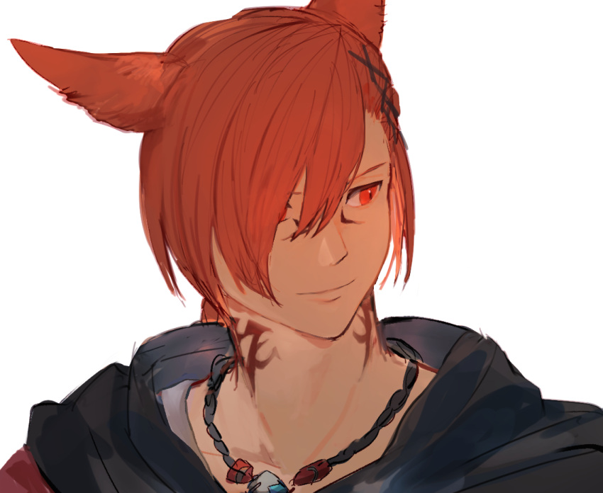 1boy animal_ears cat_ears closed_mouth commentary_request face final_fantasy final_fantasy_xiv g'raha_tia grbraku hair_ornament hairclip jewelry male_focus miqo'te neck_tattoo necklace red_eyes redhead short_hair simple_background smile solo tattoo upper_body white_background