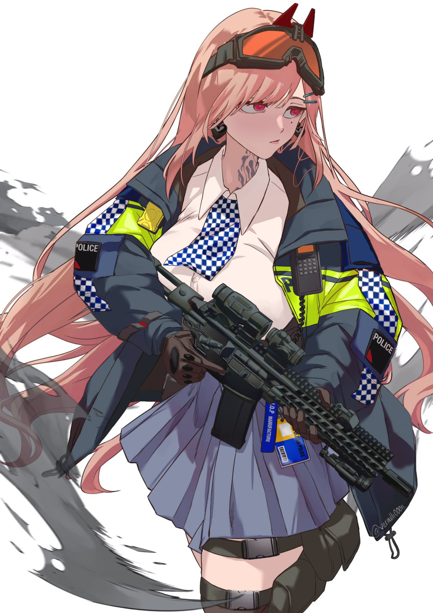 1girl assault_rifle bangs black_legwear blue_jacket blue_skirt breasts brown_gloves closed_mouth earrings eyebrows_visible_through_hair eyewear_on_head feet_out_of_frame girls_frontline gloves gun hair_ornament hairclip heart heart_earrings highres holding holding_gun holding_weapon jacket jewelry large_breasts lips long_hair looking_away mole mole_under_eye neck_tattoo open_clothes open_jacket pink_hair police police_uniform policewoman rifle safety_glasses serious shirt sig_mcx_(girls'_frontline) sig_sauer_mcx simple_background skirt smoke solo standing tattoo thigh-highs uniform vermilli000n violet_eyes walkie-talkie weapon white_background white_shirt