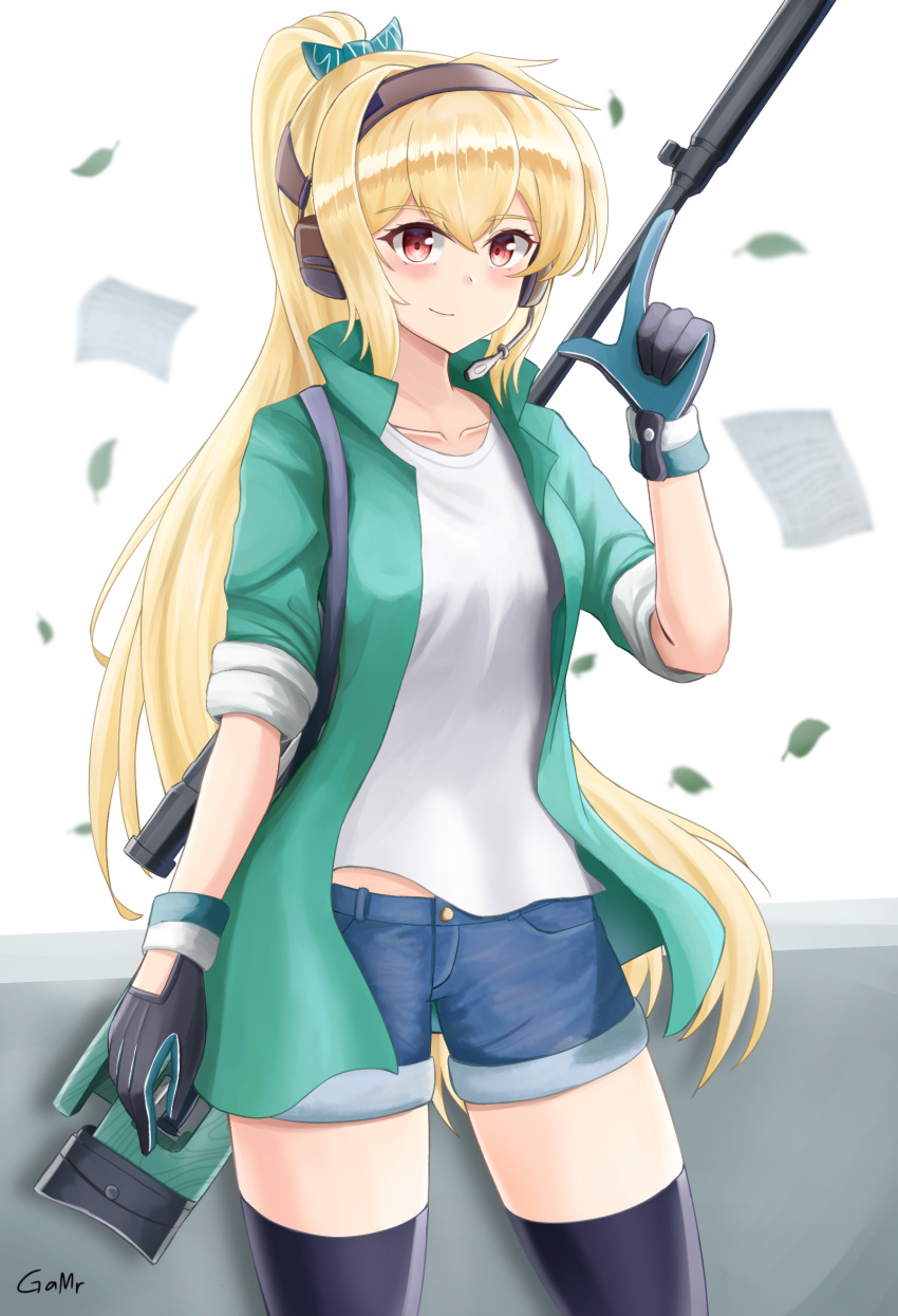 1girl artist_name blonde_hair bolt_action bow ear_protection eyebrows_visible_through_hair gamryous girls_frontline gloves green_hairband gun hair_bow hairband highres jacket long_hair looking_at_viewer material_sniper ponytail red_eyes rifle scope shorts sleeves_rolled_up smile sniper_rifle solo sv-98 sv-98_(girls'_frontline) thigh-highs weapon