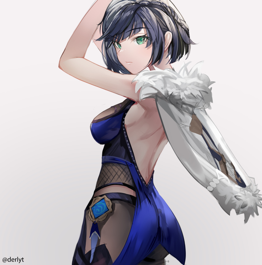 1girl absurdres arms_up bangs bare_arms black_hair blunt_bangs bob_cut braid breasts cape derlyt fishnets from_side fur_trim genshin_impact green_eyes highres looking_at_viewer short_hair vision_(genshin_impact) white_cape yelan_(genshin_impact)