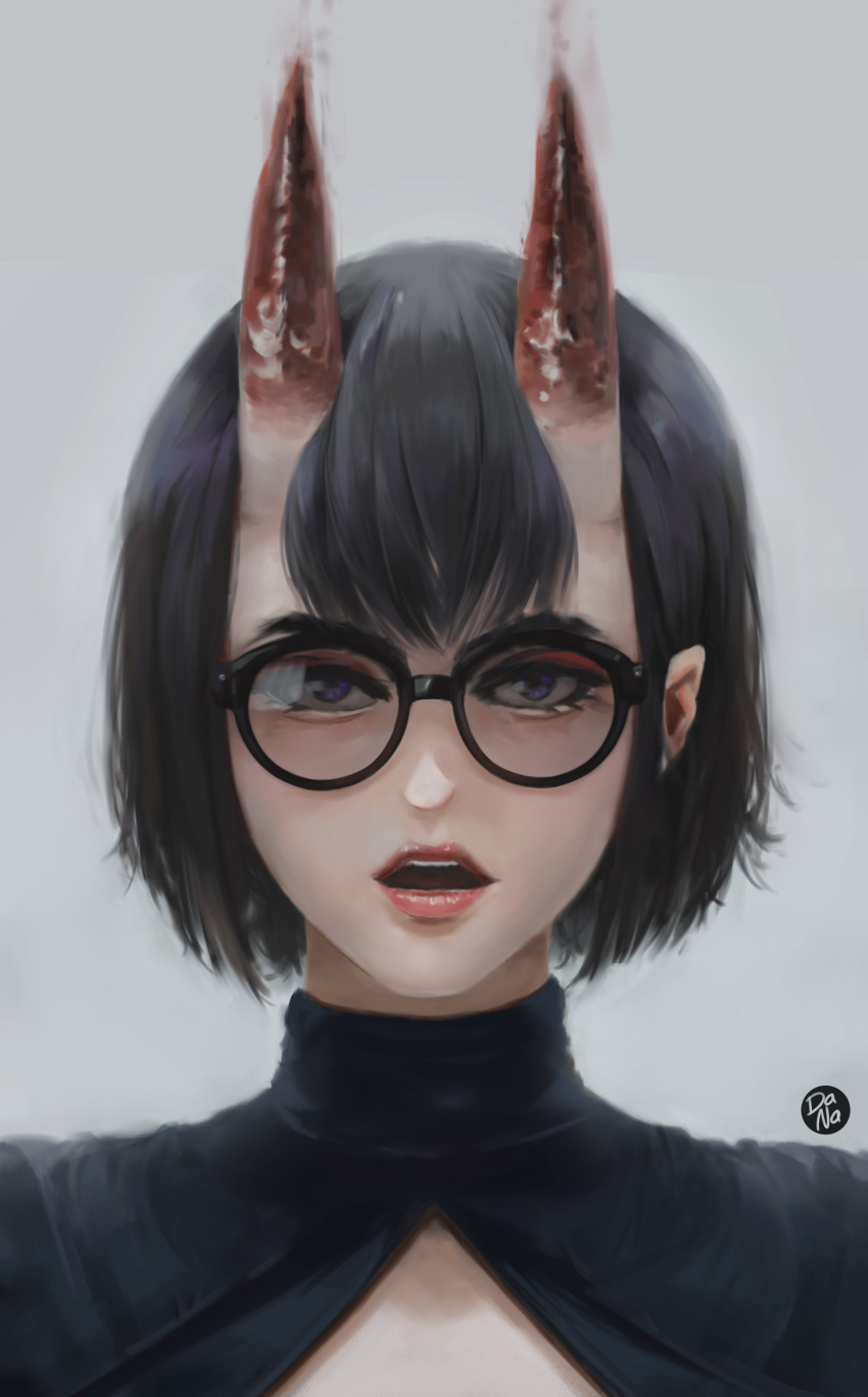 absurdres artist_name black_hair clothing_request commentary dana_(ocana_dana) ears_visible_through_hair fate/grand_order fate_(series) glasses highres horns looking_at_viewer open_mouth portrait red_horns shuten_douji_(fate) signature simple_background teeth violet_eyes