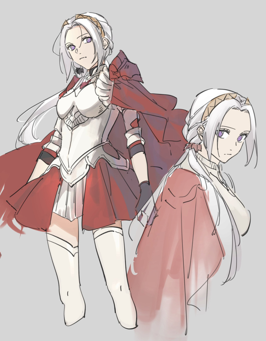 1girl alternate_costume alternate_hairstyle armor breasts cape closed_mouth edelgard_von_hresvelg fire_emblem fire_emblem:_three_houses fire_emblem_warriors:_three_hopes gloves hair_ornament hair_ribbon highres long_hair long_sleeves looking_at_viewer nanao_parakeet official_alternate_costume official_alternate_hairstyle red_cape ribbon simple_background skirt solo violet_eyes white_hair