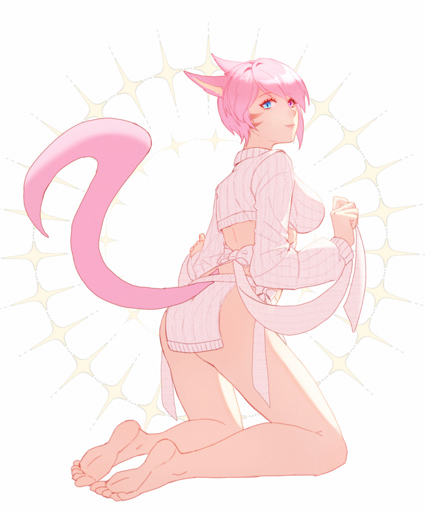 1girl animal_ears avatar_(ff14) bare_legs barefoot blue_eyes breasts cat_ears cat_girl cat_tail closed_mouth commentary facial_mark final_fantasy final_fantasy_xiv heterochromia highres large_breasts long_sleeves looking_at_viewer lyra-kotto miqo'te pink_eyes pink_hair ribbed_sweater short_hair simple_background smile soles solo sweater tail toes whisker_markings white_background white_sweater