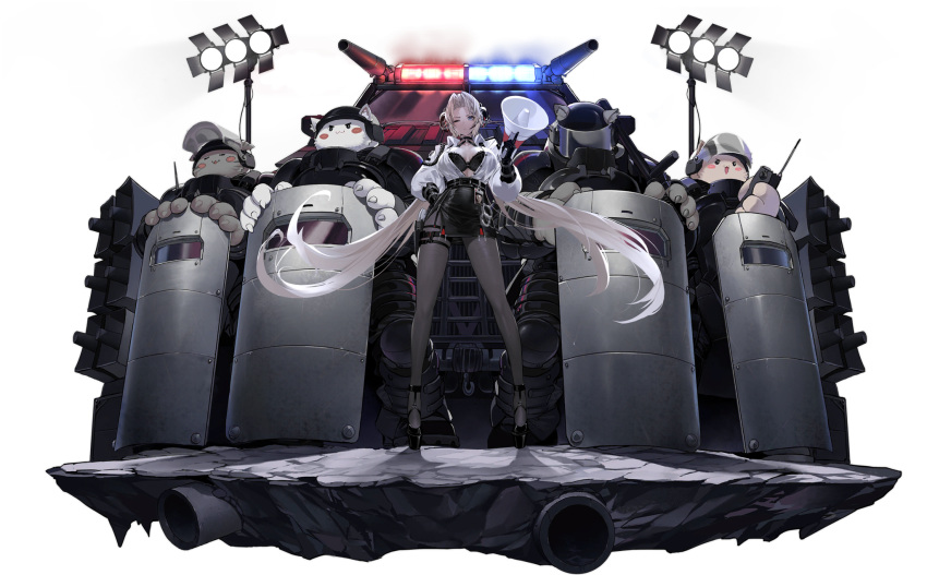 1girl animal_ear_fluff animal_ears azur_lane belt black_belt black_bra black_footwear black_gloves black_skirt blue_eyes bra breasts choker closed_eyes closed_mouth collared_shirt cuffs dishwasher1910 dress_shirt full_body gloves ground_vehicle gun hand_on_hip handcuffs helmet high-waist_skirt highres holding holster holstered_weapon kronshtadt_(azur_lane) kronshtadt_(begin_the_rush!)_(azur_lane) large_breasts legs_apart long_hair long_sleeves looking_at_viewer low_twintails megaphone miniskirt motor_vehicle official_alternate_costume official_art one_eye_closed open_clothes open_shirt pantyhose parted_lips pencil_skirt police puffy_sleeves riot_shield shield shirt skindentation skirt standing swat thigh_holster thigh_strap transparent_background twintails underwear very_long_hair weapon white_shirt