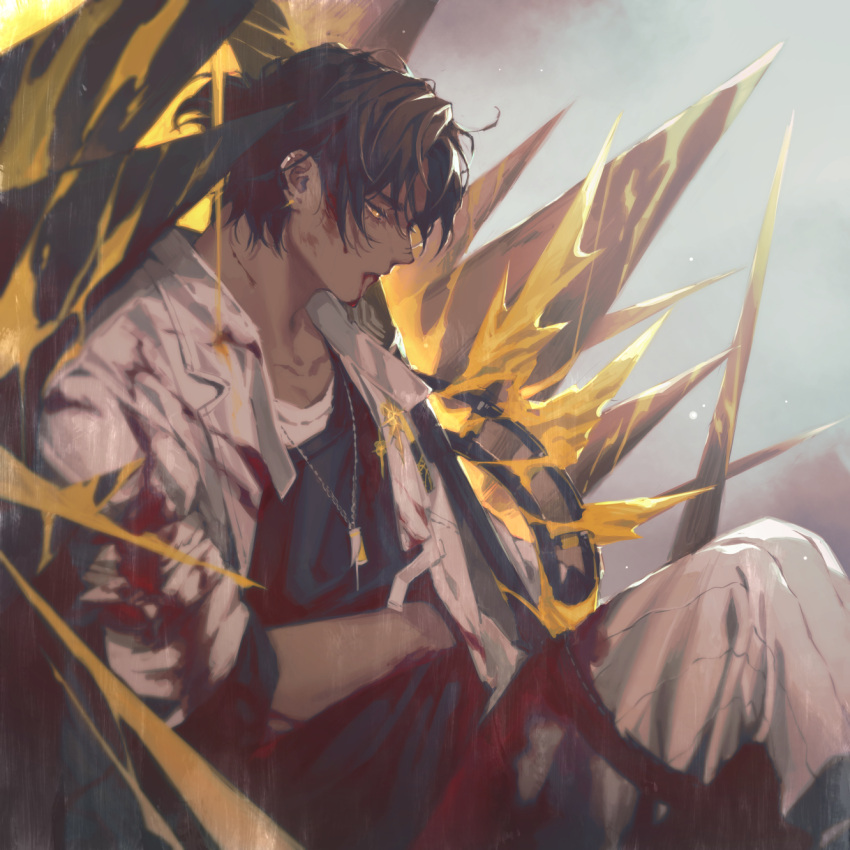 1boy arknights bangs black_hair blood blood_on_clothes blood_on_face dark-skinned_male dark_skin ear_piercing earclip english_commentary grey_background highres injury jacket jewelry male_focus manjyufroth necklace orange_eyes pants piercing ponytail profile shirt short_ponytail simple_background sitting solo spikes thorns_(arknights) white_pants