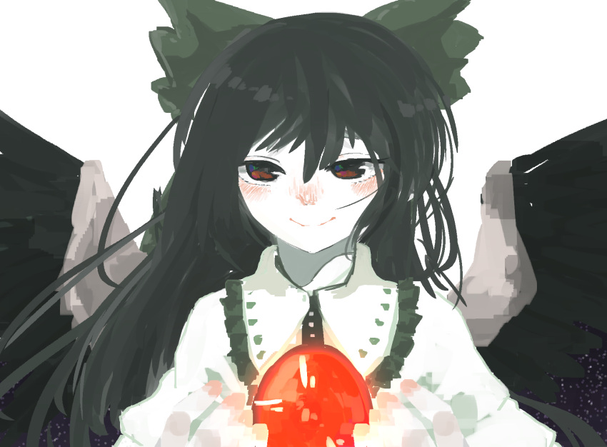 1girl bangs black_hair black_wings blouse blush bow brown_eyes cape closed_mouth collared_shirt colored_skin eyebrows_behind_hair frilled_shirt_collar frills green_bow hair_between_eyes hair_bow highres long_hair one-hour_drawing_challenge puffy_short_sleeves puffy_sleeves reiuji_utsuho rin_(rin7kan7) shirt short_sleeves simple_background smile solo starry_sky_print third_eye touhou upper_body white_background white_blouse white_cape white_skin wings