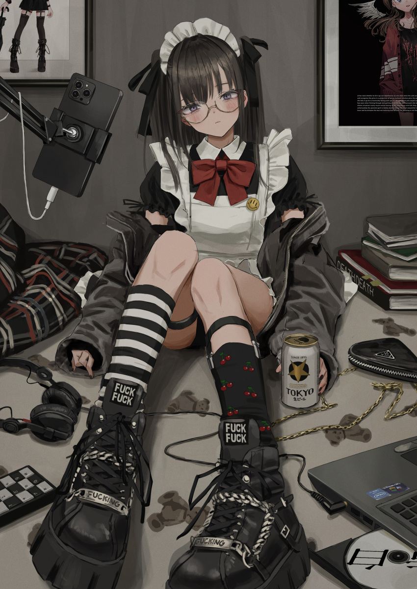 1girl absurdres apron asymmetrical_legwear bangs black_shirt blush bow bowtie brown_hair can cellphone cherry_print closed_mouth collared_shirt commentary computer english_commentary food_print foreshortening full_body headphones headphones_removed highres holding holding_can indoors jacket kneehighs laptop long_hair long_sleeves looking_at_viewer mismatched_legwear nadegata open_clothes open_jacket original phone picture_(object) print_legwear red_bow red_bowtie shirt sitting smartphone solo striped striped_legwear thigh-highs violet_eyes white_apron