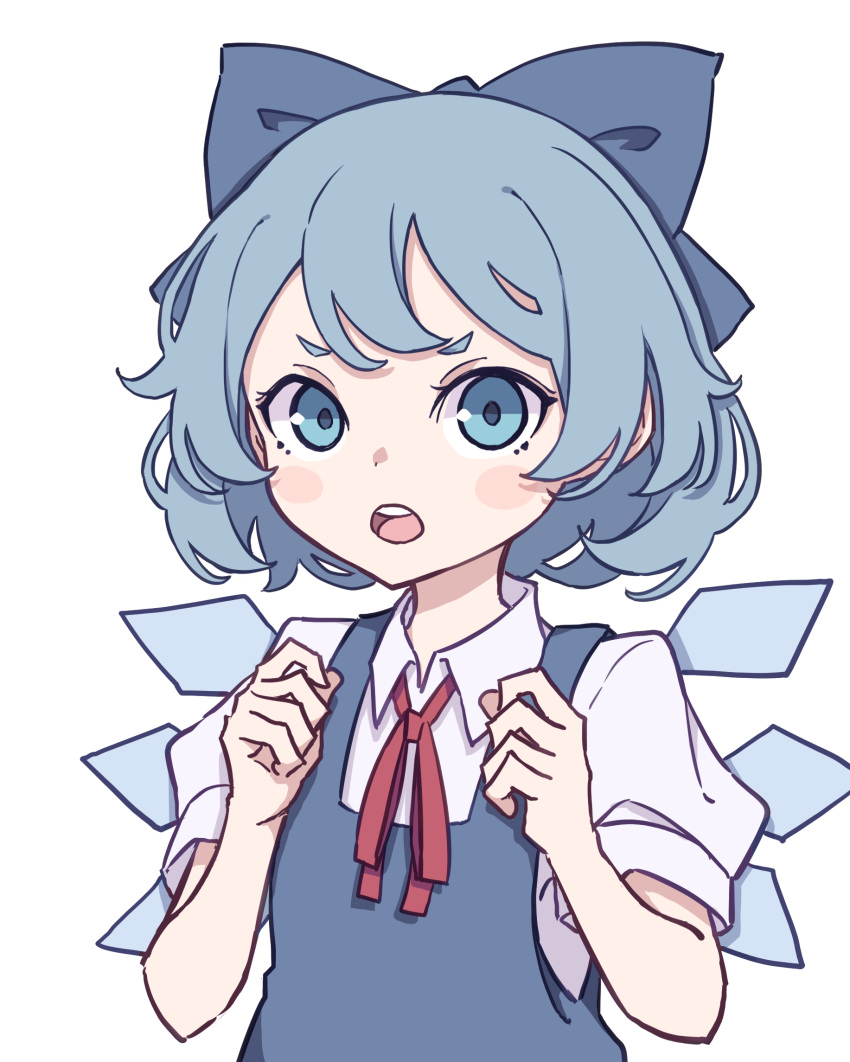 1girl blue_bow blue_dress blue_eyes blue_hair blush_stickers bow cirno collared_shirt dress hair_bow highres kame_(kamepan44231) one-hour_drawing_challenge open_mouth puffy_short_sleeves puffy_sleeves shirt short_hair short_sleeves simple_background solo teeth touhou upper_body upper_teeth white_background white_shirt
